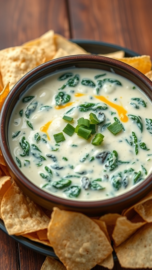 Creamy spinach queso dip with tortilla chips on a rustic table.